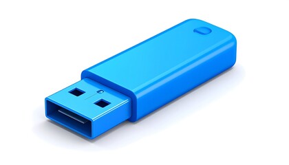 Blue USB Flash Drive on White Background.