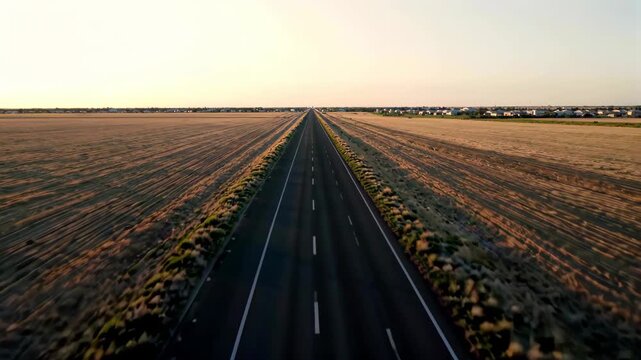 Aerial footage of the road between fields