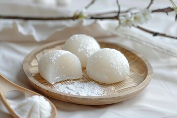 Fototapeta premium Three snow white mochi balls resting on a wooden plate, dusted with powdered sugar, evoke a sense of traditional japanese confectionery