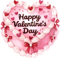 A pink heart shaped cake with Happy Valentines Day lettering and whipped cream decoration png illustration