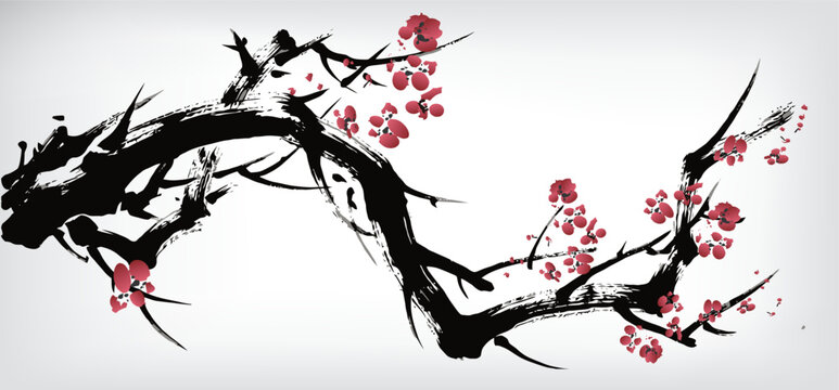 Chinese ink painting of cherry flower