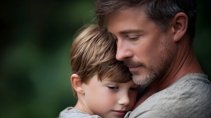 Fototapeta premium A tender moment between a father and his son captured in a close up portrait The father holds the child closely symbolizing deep affection security