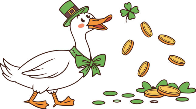 Lucky Goose St Patrick's Day. St Patrick&rsquo;s Day Goose Friends Wearing Green Outfits and Shamrock Accessories. Whimsical Watercolor Cute Goose with Green Eyes Wearing a St. Patrick's Day 