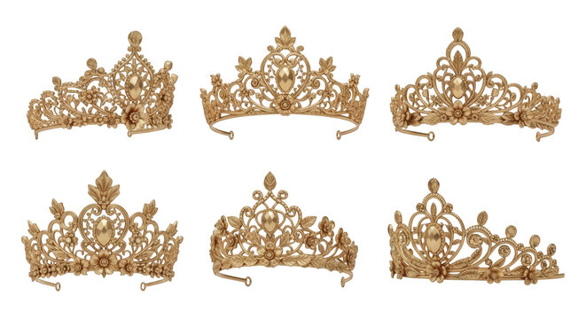 six gold tiaras displayed on a white surface beauty royalty and elegance for jewelry weddings or fantasy