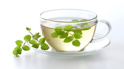 A transparent glass cup filled with warm golden mint tea garnished with fresh mint leaves and a sprig of mint presented on a matching saucer evoking a sense of natural refreshment and wellness