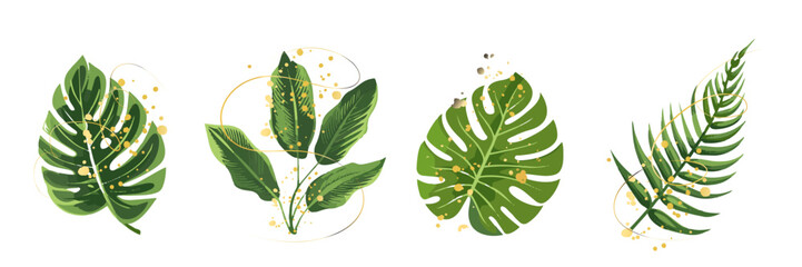 Tropical Green Leaves with Golden Splatter Botanical Vector Set. Elegant tropical foliage vector with gold splashes, modern botanical design elements isolated on white background.