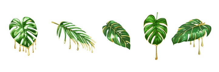 Exotic Jungle Leaves Collection with Gold Decorative Splashes. Set of exotic jungle foliage with golden paint accents, stylish botanical vector elements isolated on white.