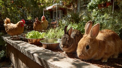 Peru and the chickens watching the jumping rabbit. Duck lying, carefree. Small farm animals.