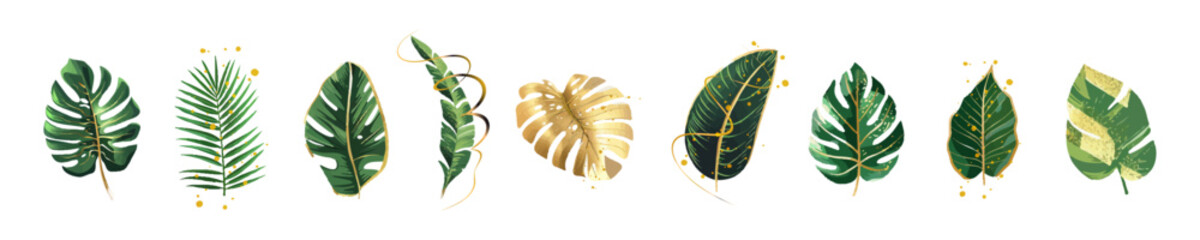 Premium Tropical Leaf Collection with Gold Decorative Details. Elegant collection of tropical foliage with golden accents, stylish botanical vector illustrations.