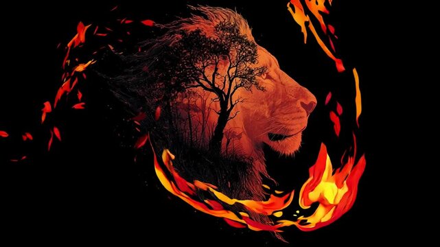 Stylized lion profile with tree and forest detail, fire effect leaves against black