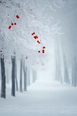 Red berries hanging from branches in winter forest