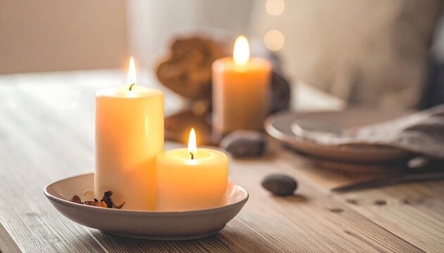 Warm Glow of Lit Candles on a Rustic Wooden Table.