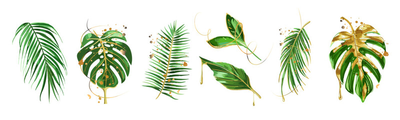 Elegant Tropical Leaf with Golden Drips Botanical Design Element. Decorative tropical foliage leaf with liquid gold drips, luxurious botanical accent isolated on white.