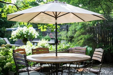 Fototapeta premium Relaxing outdoor dining area featuring a round wooden table with chairs under a parasol, surrounded by lush green plants and trees