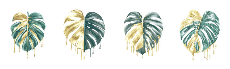 Monstera Leaf Half Gold Half Teal Luxury Tropical Botanical Illustration. Split-tone monstera leaf combining metallic gold and deep teal for bold modern botanical design.