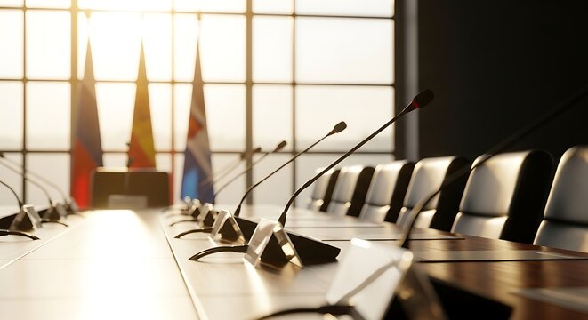 A long conference table with microphones and flags in a sunlit meeting room, ready for an important discussion.