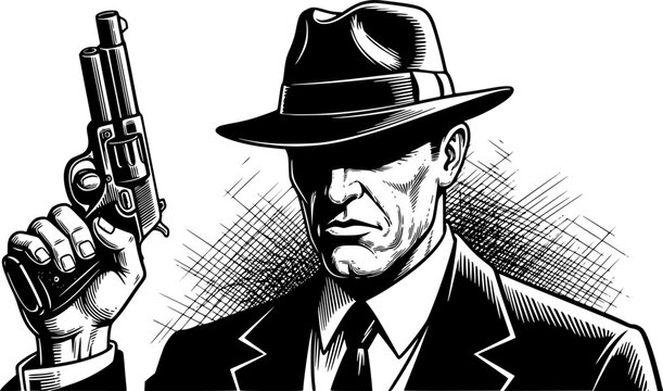 stern-faced man in a suit and fedora, holding a pistol in a classic noir style sketch engraving generative ai fictional character raster illustration. Scratch board imitation. Black and white image