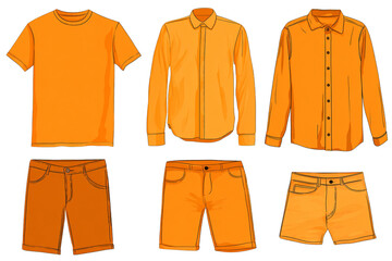 Collection of orange clothing items including shirts and shorts isolated on transparent background