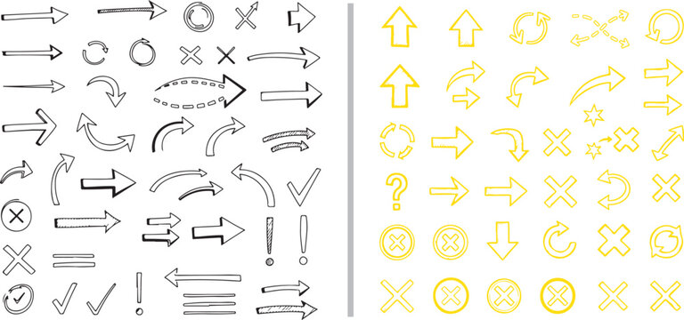 A comprehensive set of hand-drawn vector elements featuring a wide variety of black and yellow arrows, pointers, checkboxes, and exclamation marks in various energetic sketch styles.