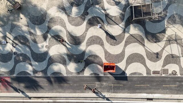 Aerial view of runners on Leme beachfront promenade, Rio de Janeiro, Brazil