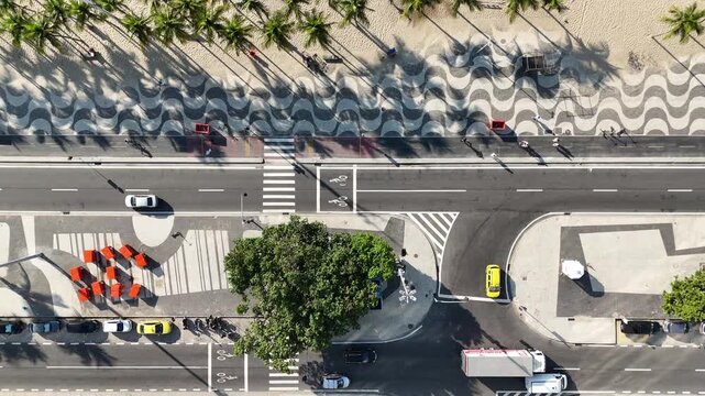 Vertical drone shot of cars on beachfront avenue, Copacabana, Rio, Brazil