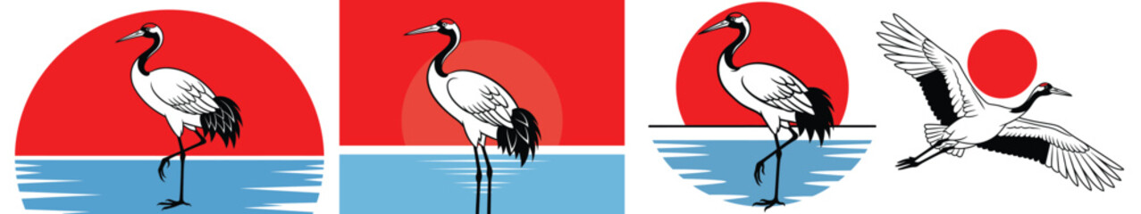 Obraz premium Japanese Red-Crowned Crane Illustration Set with Rising Sun