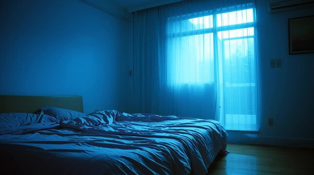 Bedroom lit by early morning blue light, empty bed with sheets still warm-looking and slightly indented. Quiet, intimate interior scene capturing absence, memory, and subtle human presence.
