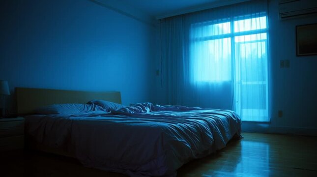 Bedroom lit by early morning blue light, empty bed with sheets still warm-looking and slightly indented. Quiet, intimate interior scene capturing absence, memory, and subtle human presence.
