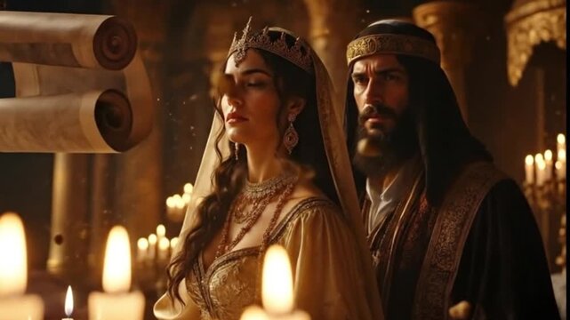 Ancient royal couple standing in a dimly lit temple with floating scrolls, representing a prophecy or destiny concept and historical narrative