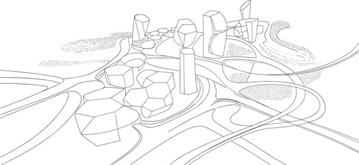 Obraz premium Abstract geometric landscape with flowing lines and crystalline structures in a minimalist line style