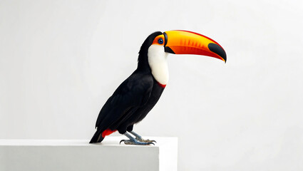 Obraz premium Vibrant Toucan with Bright Orange Beak on White Stage