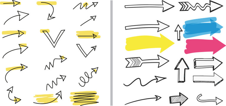 A collection of hand-drawn vector arrows and highlighter strokes in black, yellow, blue, and pink. Features diverse styles like curved, zigzag, and bold block arrows for emphasis.