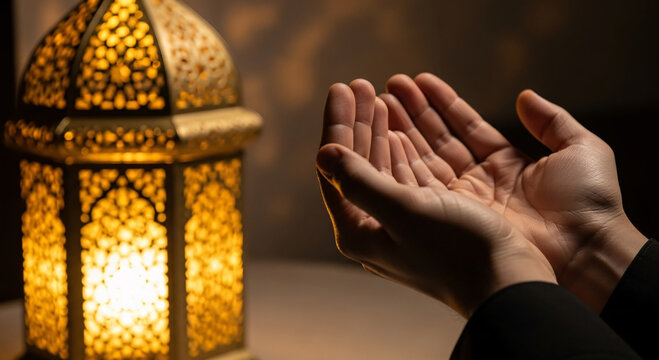 Muslim hands raised for dua with golden lantern background