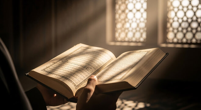 Hands holding open Quran with sun rays through mosque window