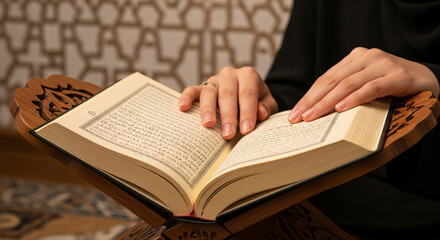 Naklejka premium Female muslim hands holding open Quran on wooden 