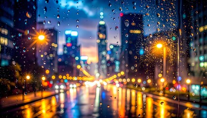 Obraz premium Rainy Night Cityscape Viewed Through a Wet Glass Window with City, Rain, Night, Street, and Lights