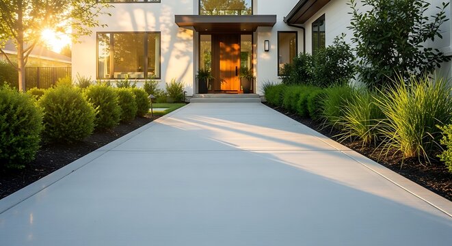 Serene suburban home with a long concrete driveway leading to a modern architectural residence at sunset light