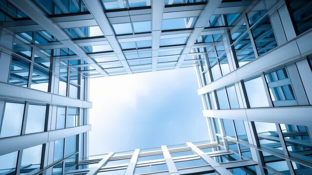 Upward view of modern glass office building atrium with geometric lines and blue sky framed by reflective windows