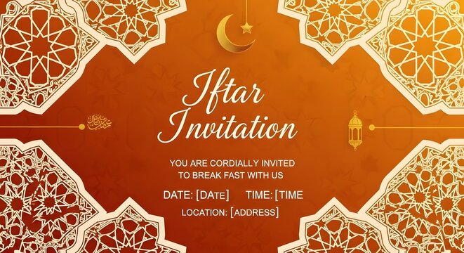 Ramadan iftar invitation card with traditional islamic decorations and lanterns
