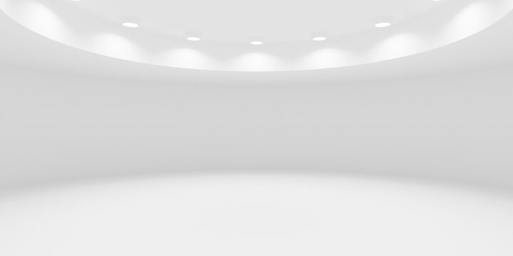 Abstract empty white room or gallery background with circular array of spotlights in ceiling recess