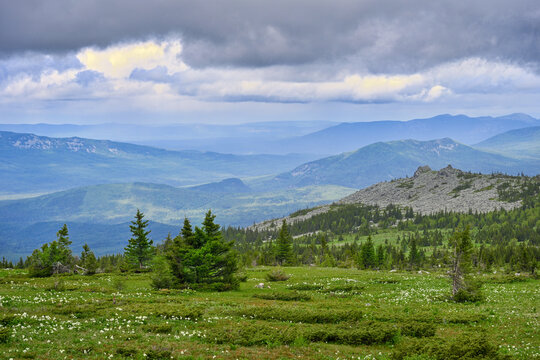 Rainy landscape of the Ural Mountains near Big Iremel Mount, Bashkortostan Republic of Russia