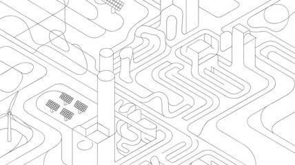 Isometric view of a sustainable energy system with wind turbines solar panels and intricate pipe network in line