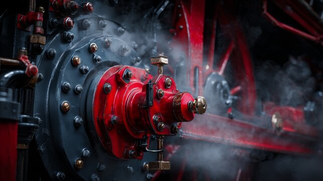 Close-up of a vintage steam engine's red and black wheel components, obscured by steam. Details of bolts and mechanics