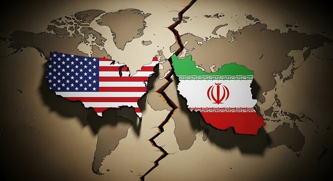 The geopolitical tension between the united states and iran shown on a cracked world map