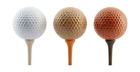 Three golf balls on tees in white, brown, and orange on transparent background