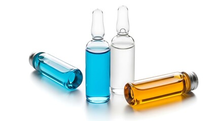 Medical Vials with Colored Liquids on White.