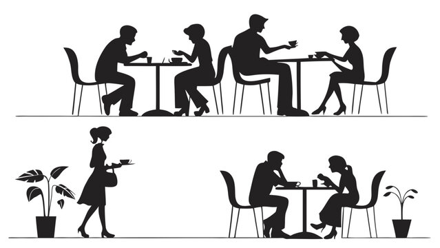 Silhouette of people sitting at tables in a restaurant setting with a waitress