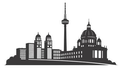 Black silhouette of a city skyline with tall buildings and towers