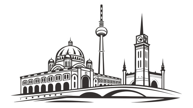Black and white illustration of berlin cityscape with famous landmarks