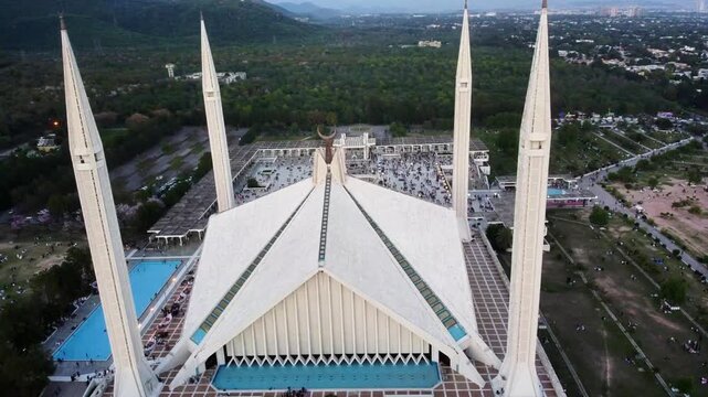 Aerial View of Faisal Mosque with Margalla Hills in Islamabad, Pakistan